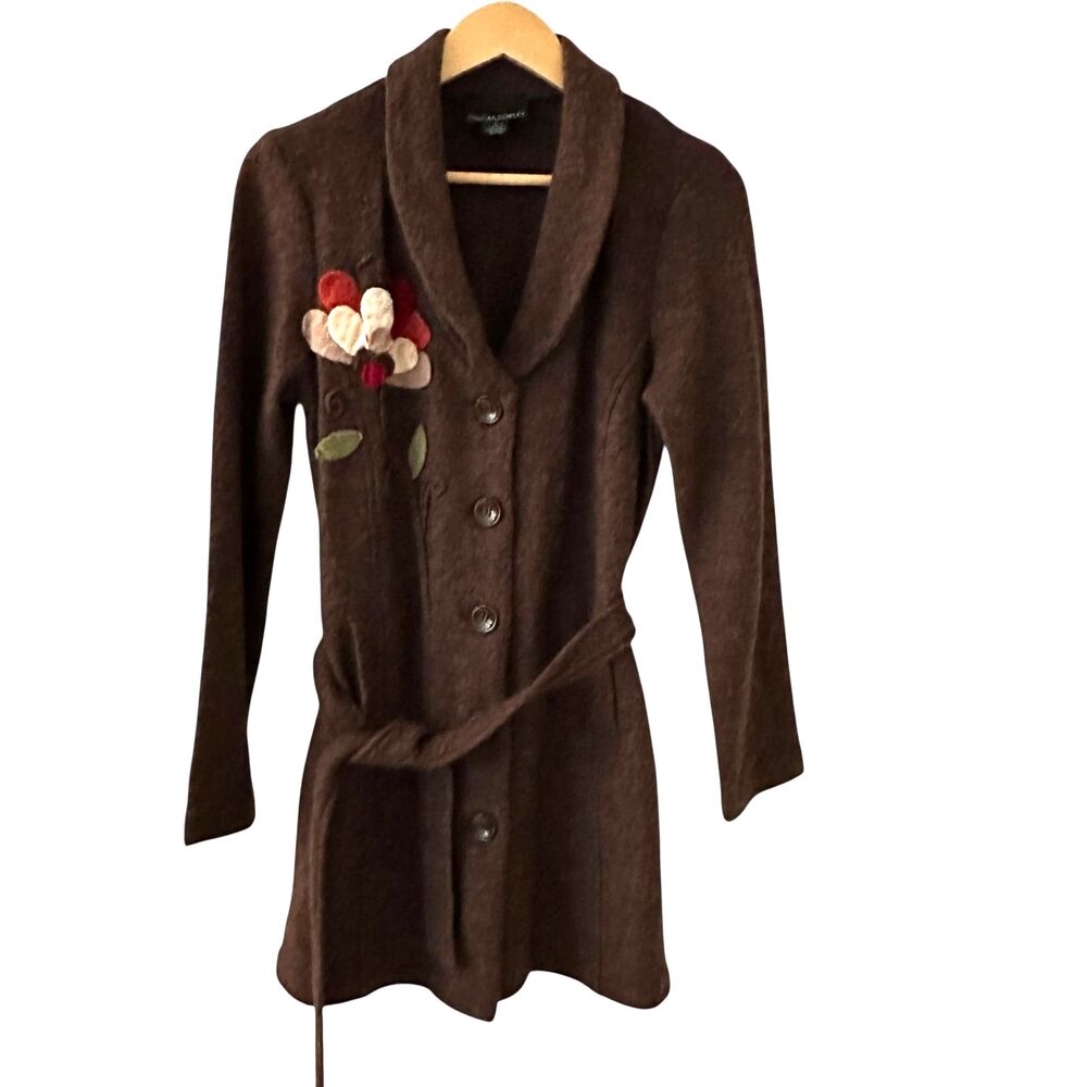 Cynthia Rowley Brown and Floral 100% Wool Belted Button Up Boho‎ Jacket Size S